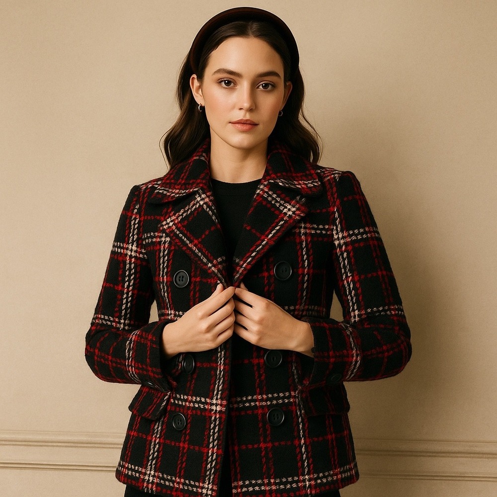 Plaid Wool Blend Double Breasted Peacoat Jacket Red Black Check Womens‎ 6 Preppy